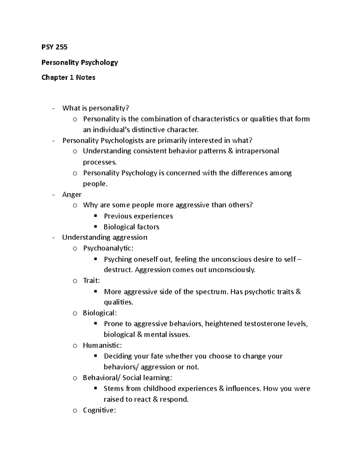 PSY 255 CH 1 - Personality Psychology Chapter 1 Notes - PSY 255 ...