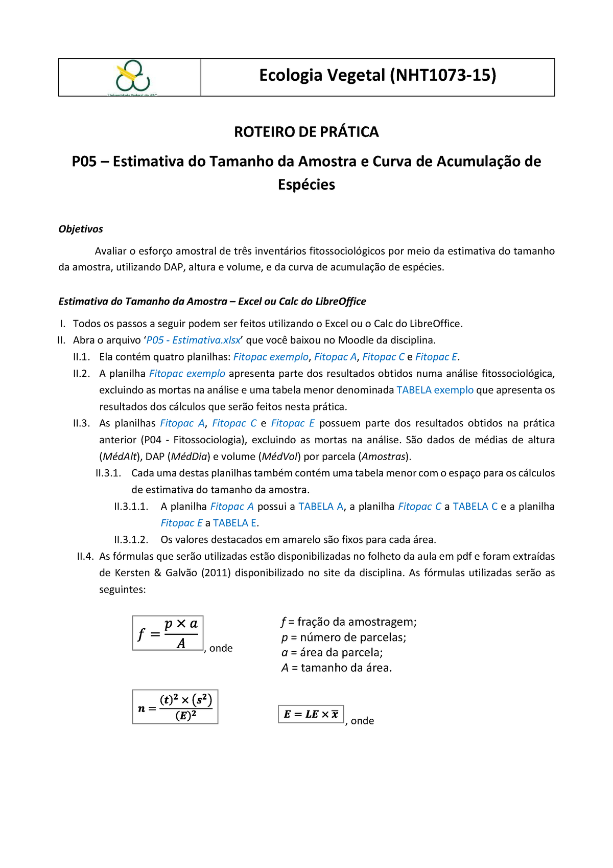 P05 Qs Estimativa E Acumulação Ecologia Vegetal Nht1073 15 Roteiro De PrÁtica P05 3813