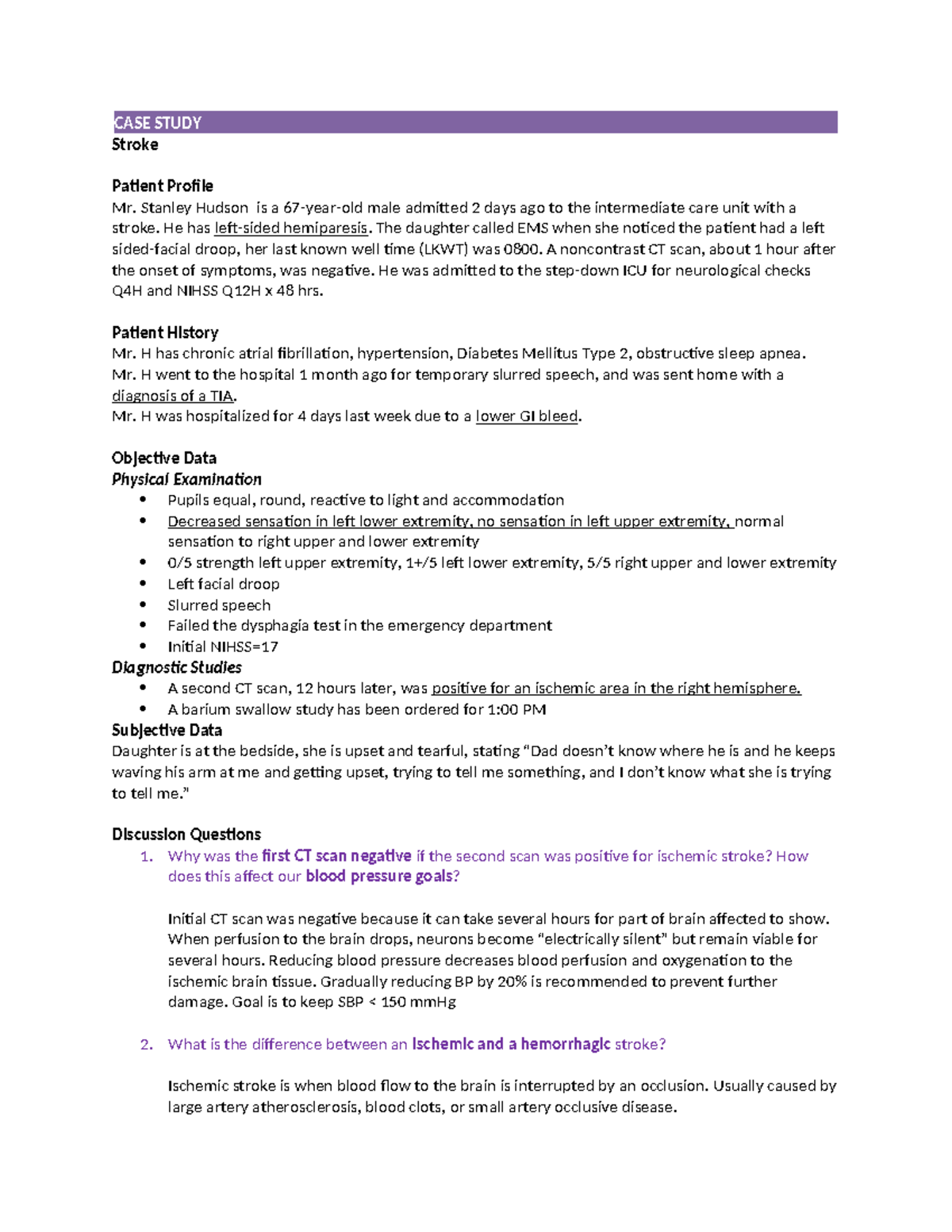 Stroke Case Study Mr Stanley Hudson CASE STUDY Stroke Patient Profile