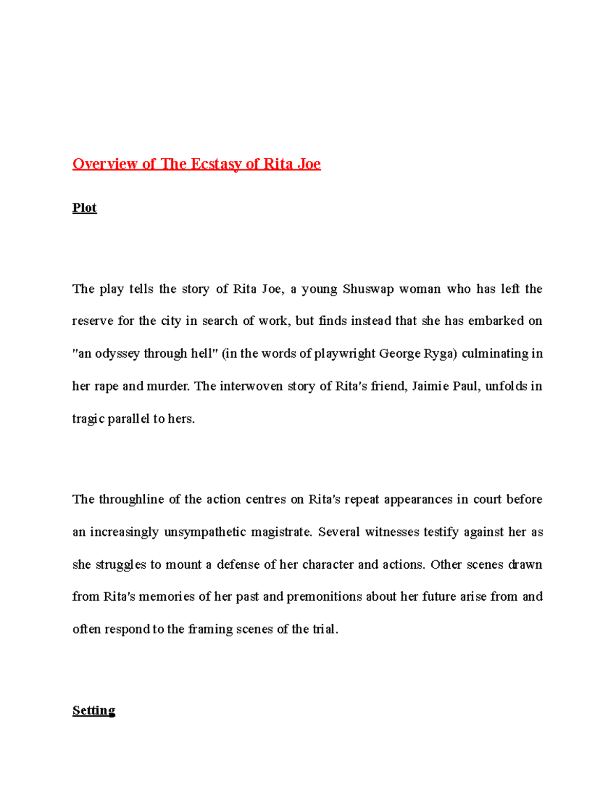 Overview of The Ecstasy of Rita