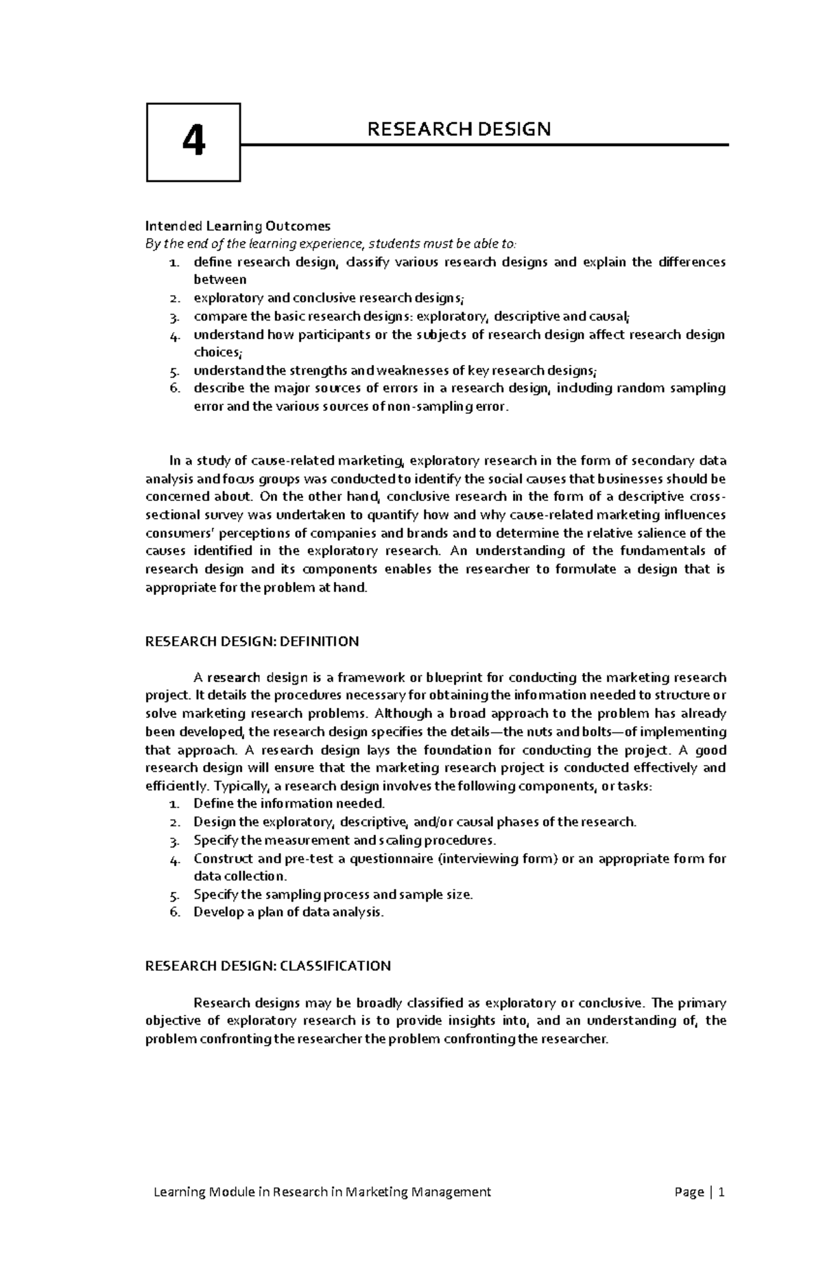 Module MM311B Chapter 4 - RESEARCH DESIGN Intended Learning Outcomes By ...