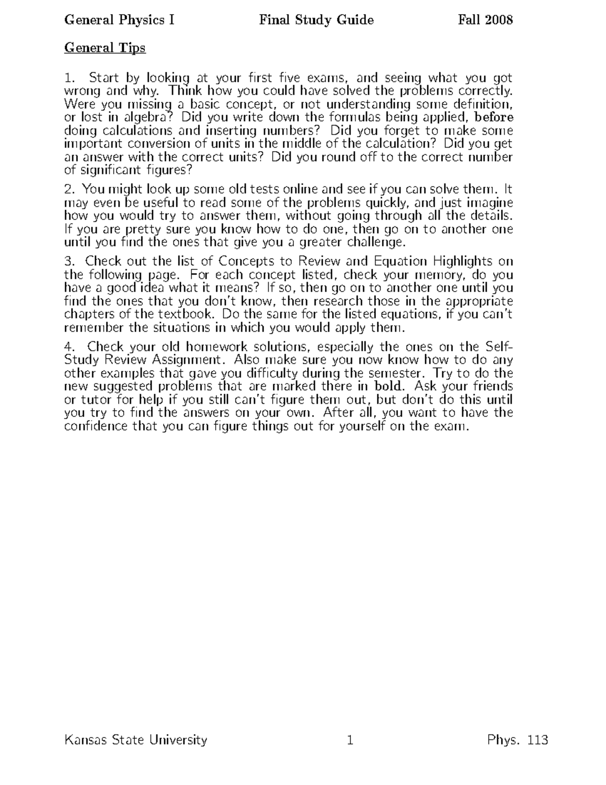 General tips for phys 113 - General Physics I Final Study Guide Fall ...