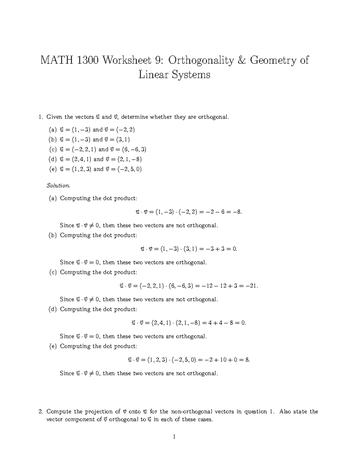 Worksheet 9 sol - Add - MATH 1300 Worksheet 9: Orthogonality & Geometry ...
