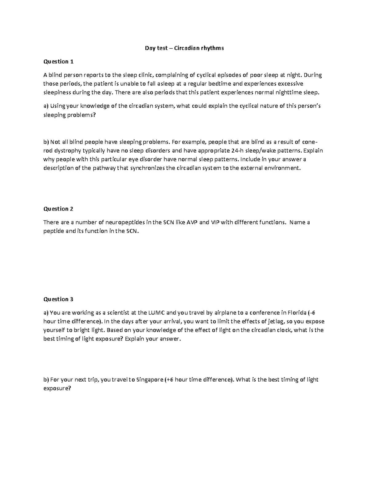 20220602 Circadian rhythms Day test Questions Day test