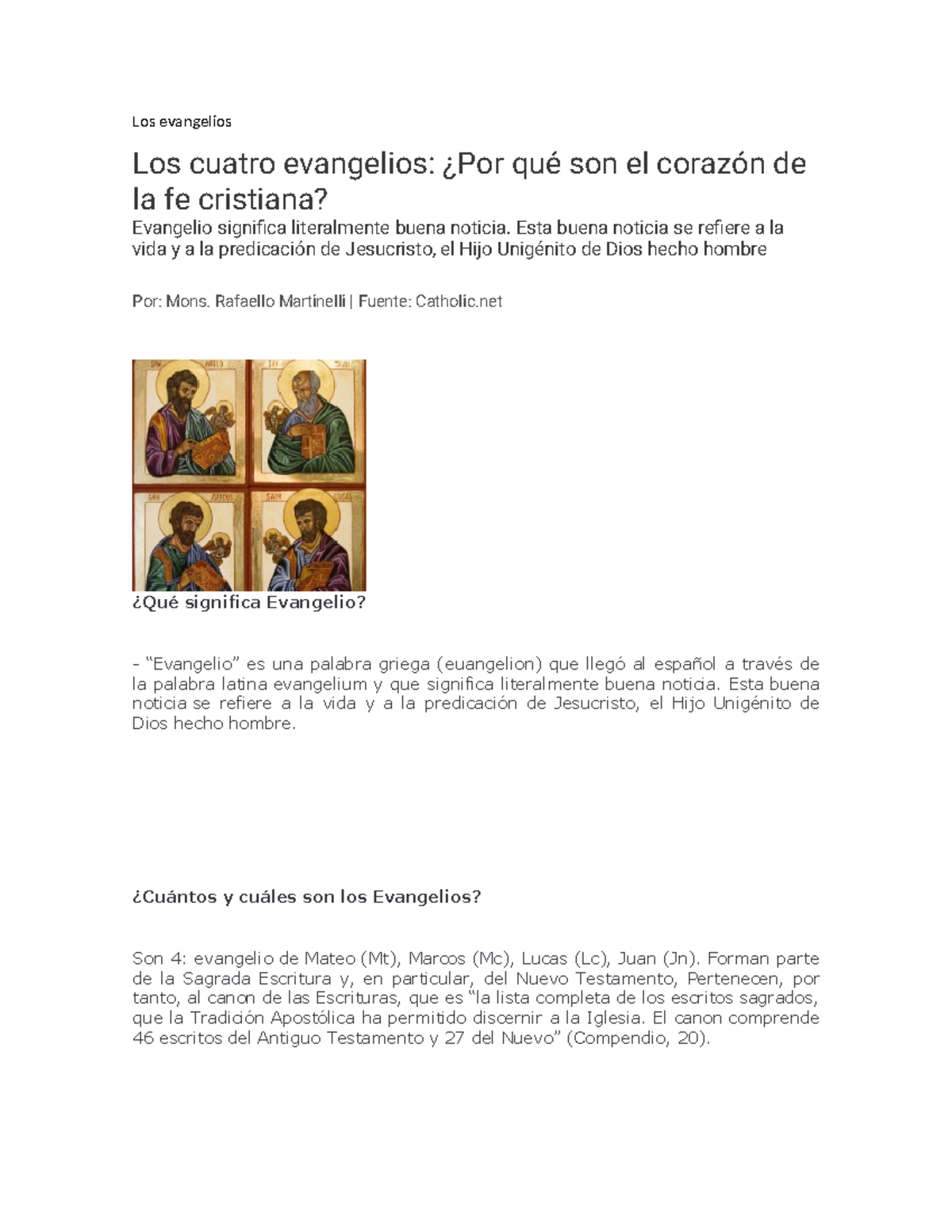 Los Evangelios - Educación En La Fe. - Los Evangelios Los Cuatro ...