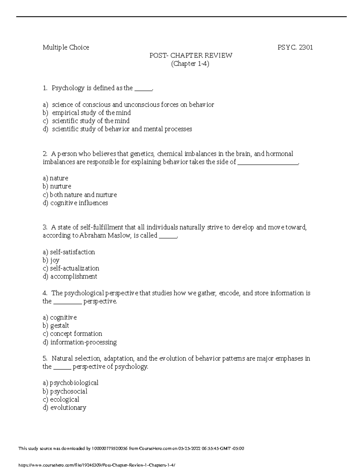 Docx (15) - Assignment - Multiple Choice PSYC. 2301 POST- CHAPTER ...