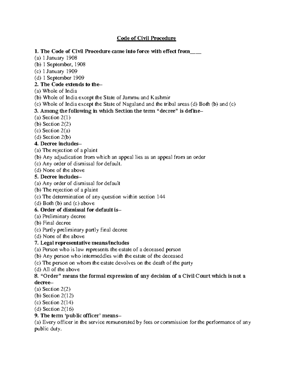 CPC MCQ Final Exam MCQ Code Of Civil Procedure 1 The Code Of Civil 