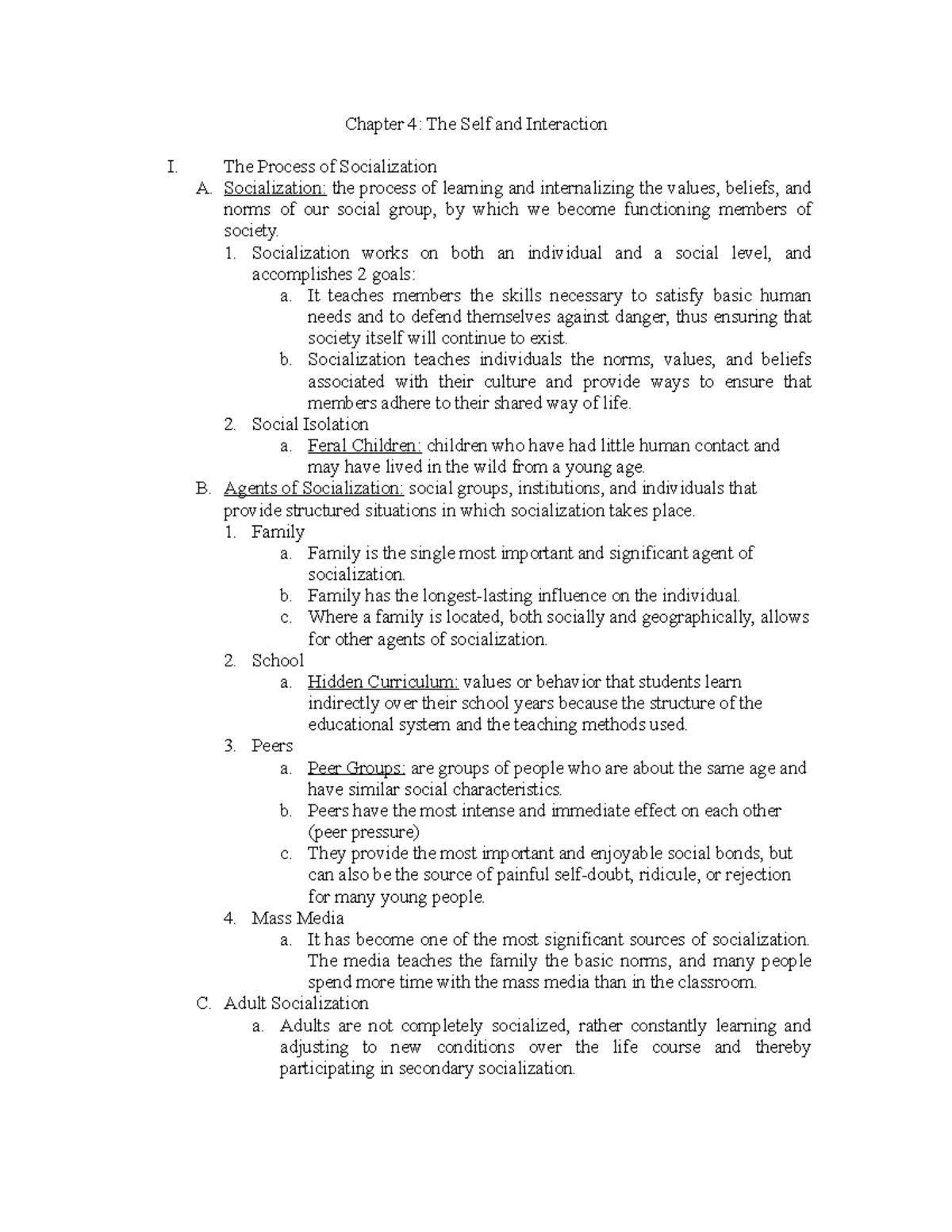 Intro Sociology - Summary - SOC Chpt. 4 - Chapter 4: The Self and ...