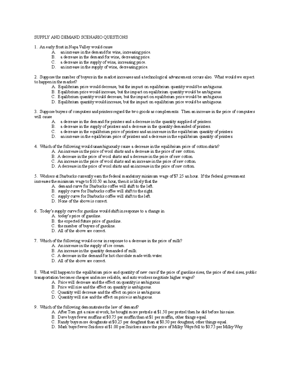 Supply AND Demand Scenario Questions - EC 110 - Alabama - Studocu