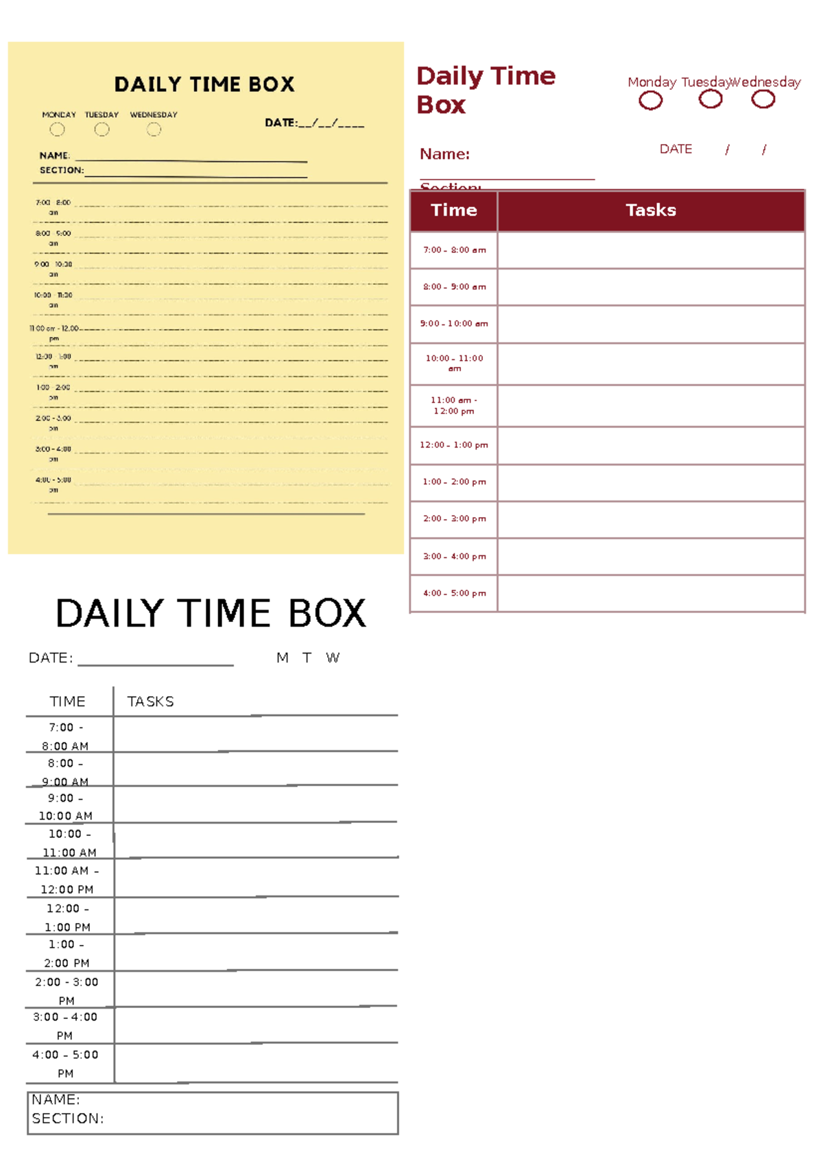 Daily TIME BOX - Daily Time Box Monday TuesdayWednesday Name: DATE
