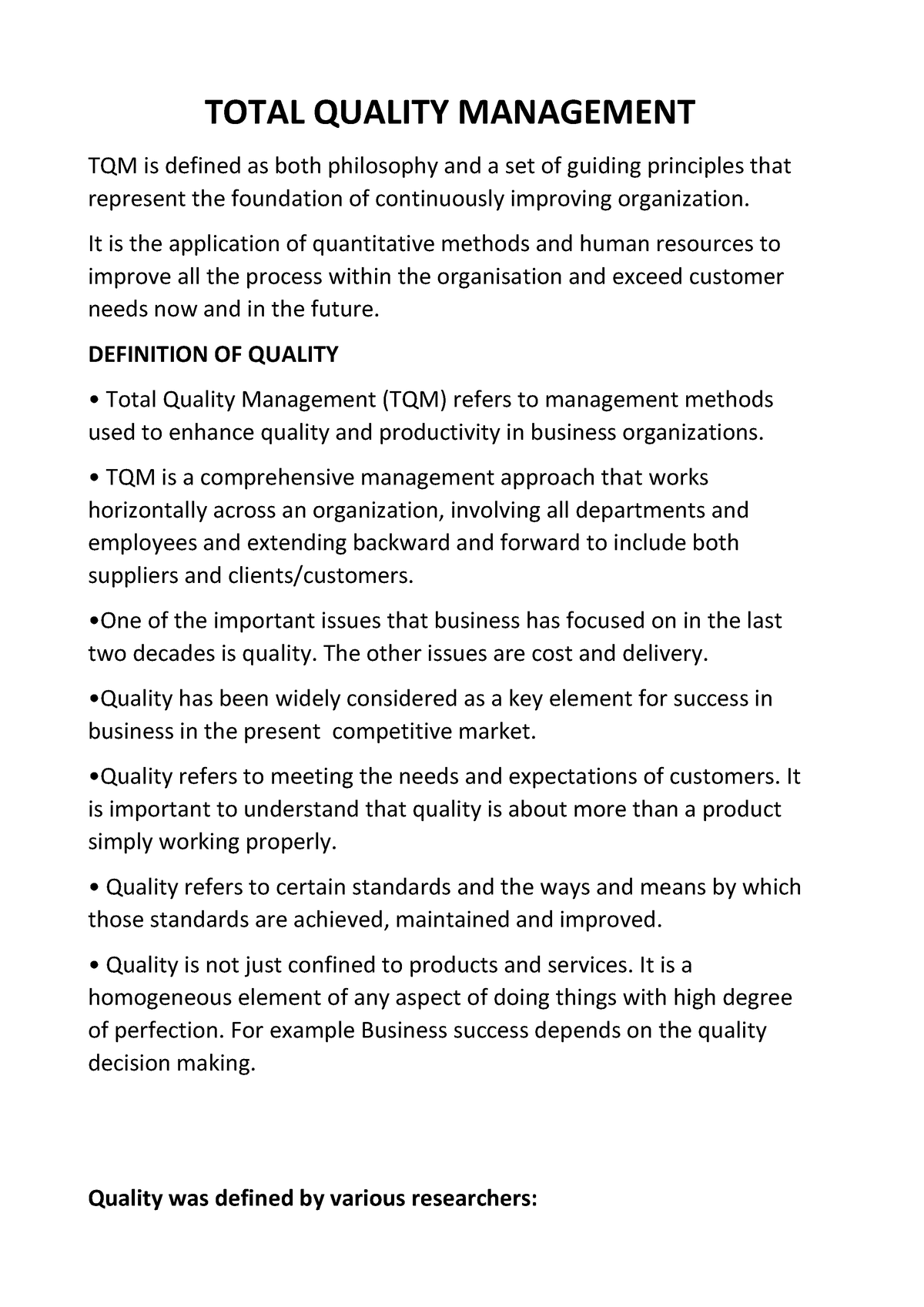 TQM - Total Quality Managment - TOTAL QUALITY MANAGEMENT TQM Is Defined ...