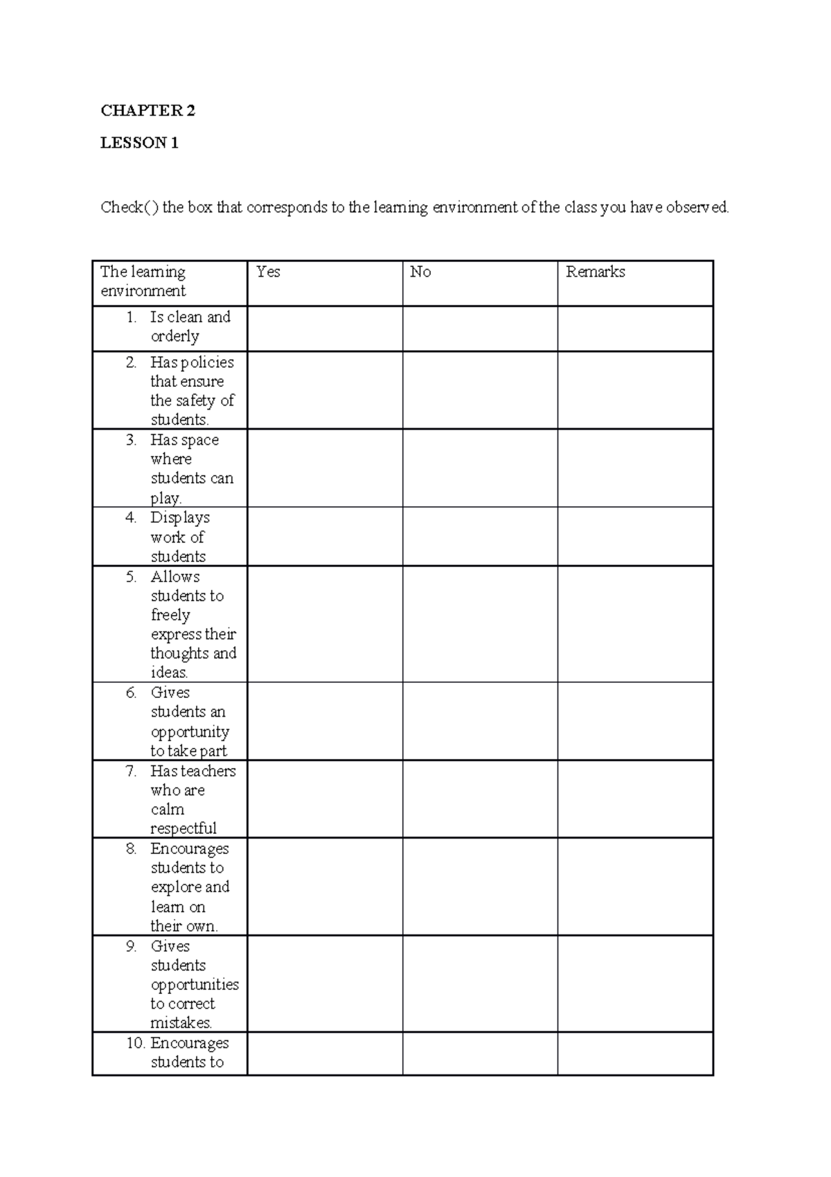Chapter 2 lesson 1 - CHAPTER 2 LESSON 1 Check( ) the box that ...