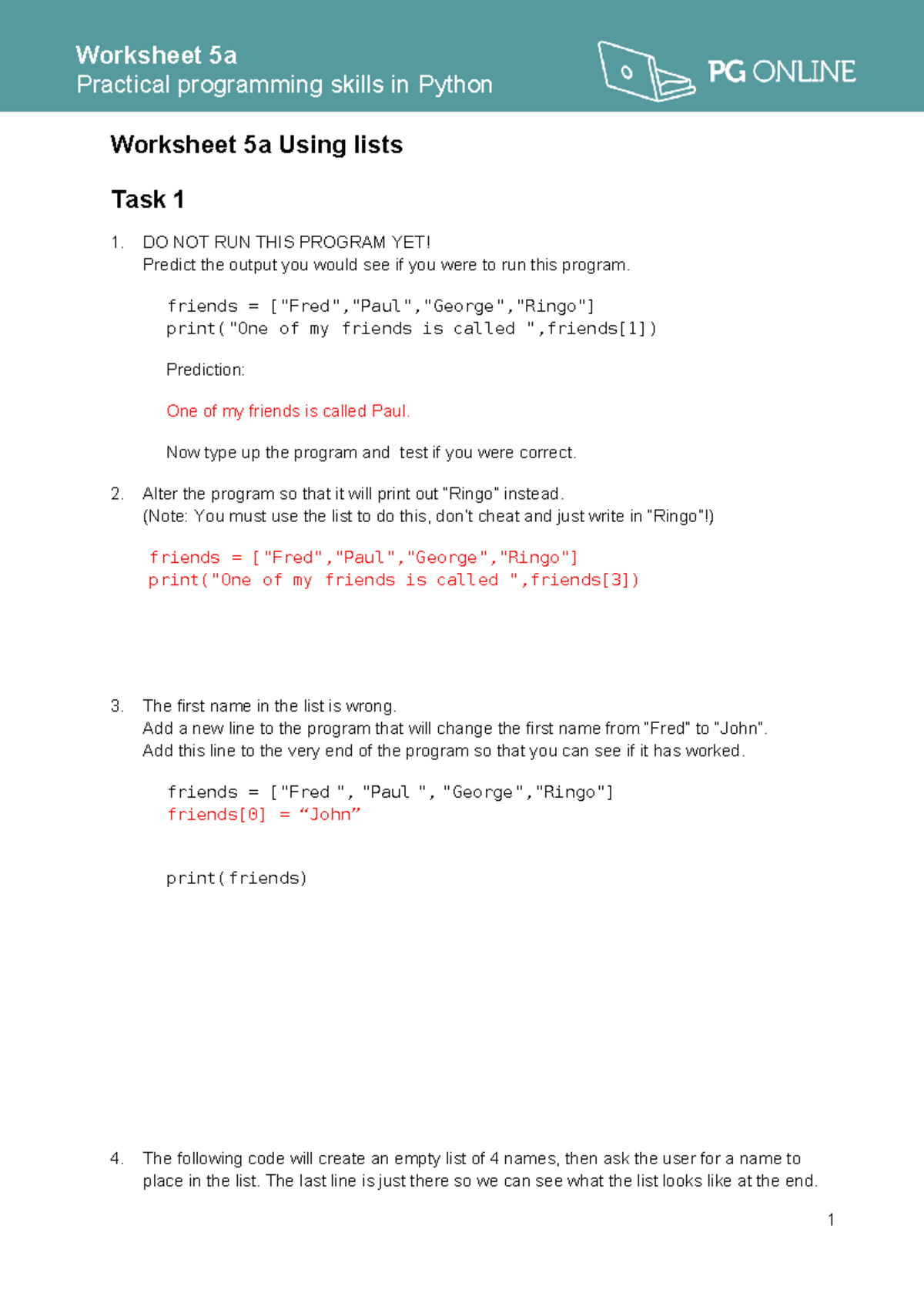 Python Skills Worksheet 5a Using Lists - Practical programming skills ...