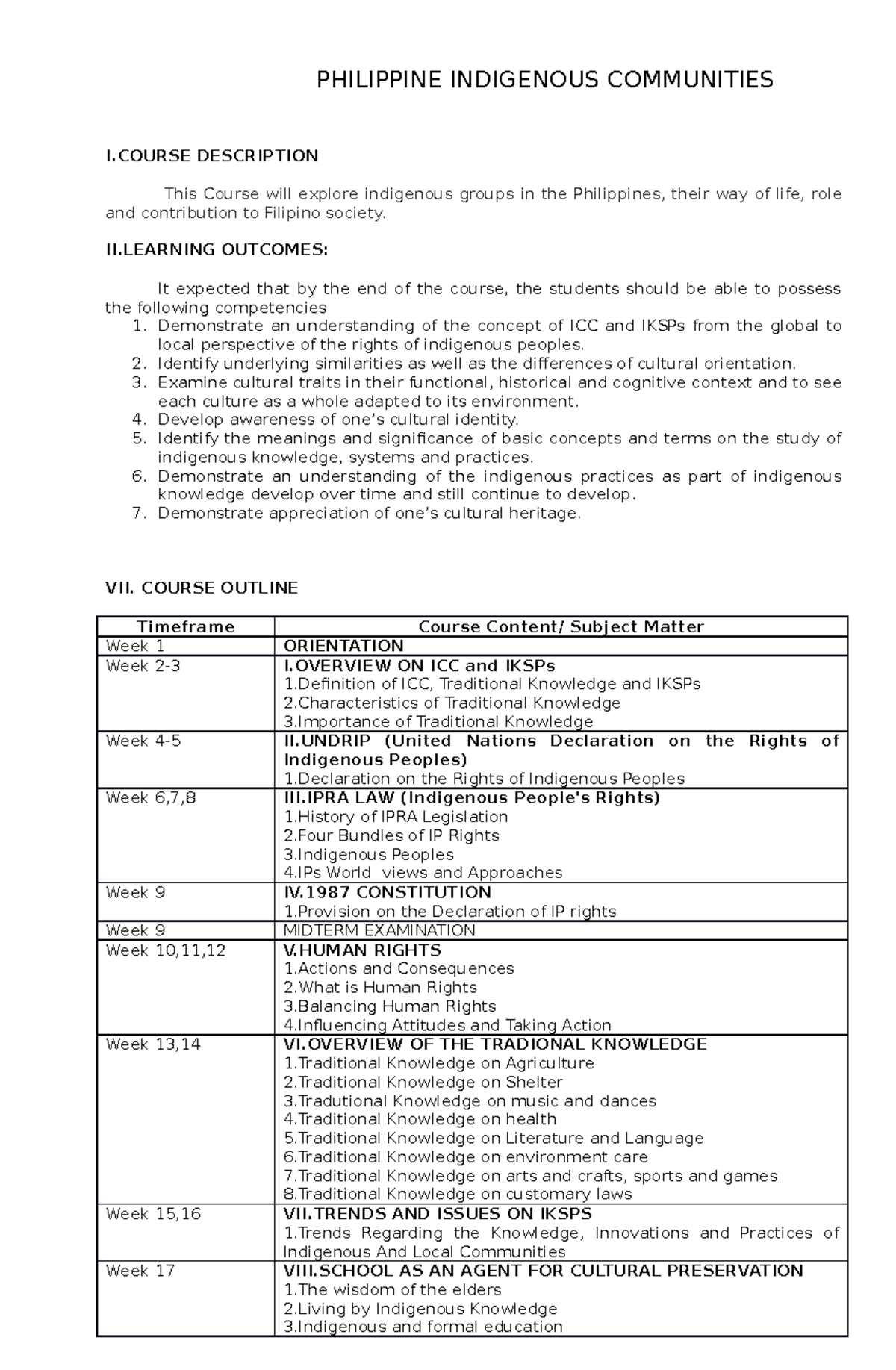 Philippine Indigenous Communities Final Course Outline - PHILIPPINE ...