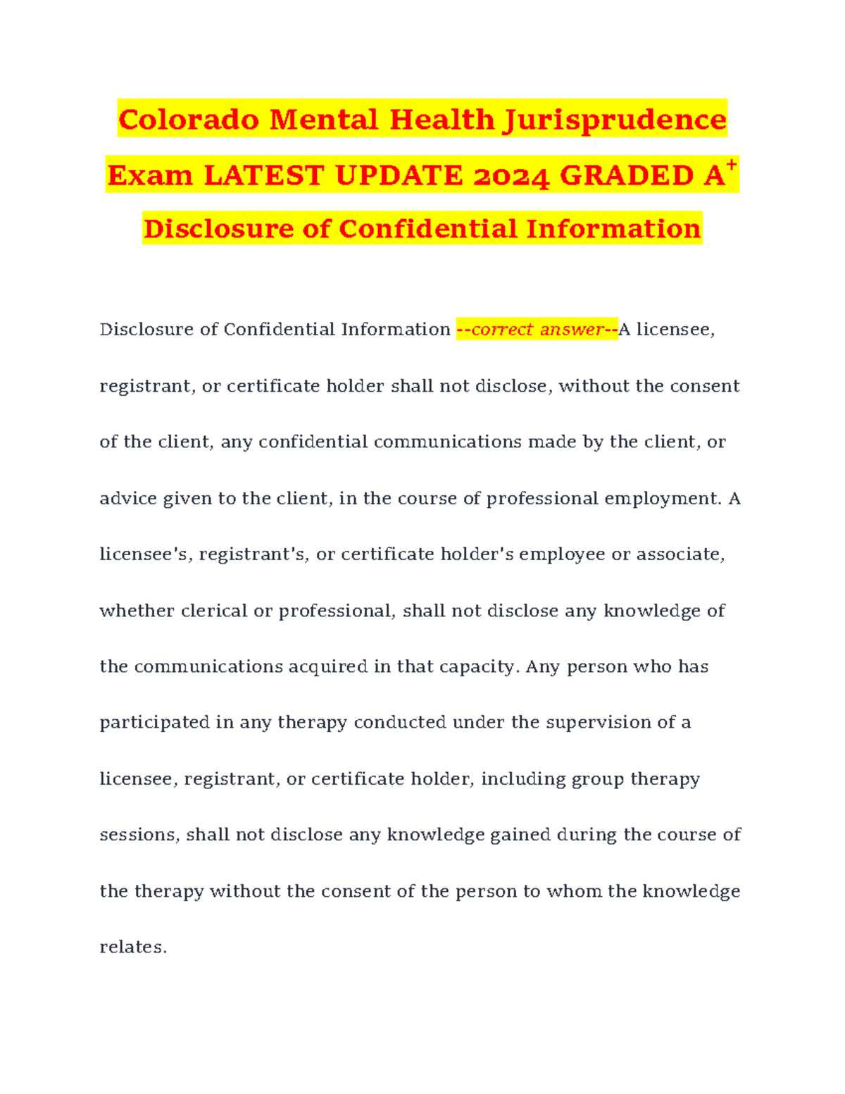 Colorado Mental Health Jurisprudence Exam Latest Update 2024 Graded A+ Colorado Mental Health