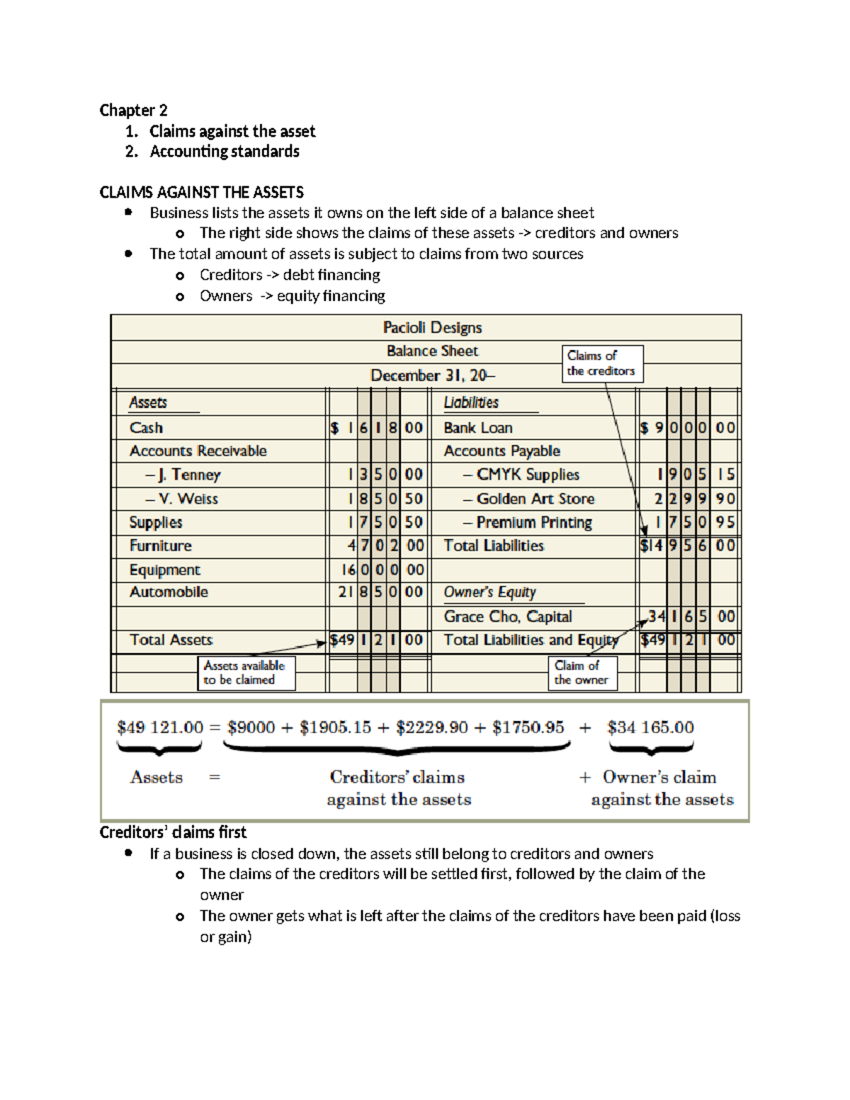 BAF3M C2P2 & C3 - class notes - Chapter 2 1. Claims against the asset 2 ...