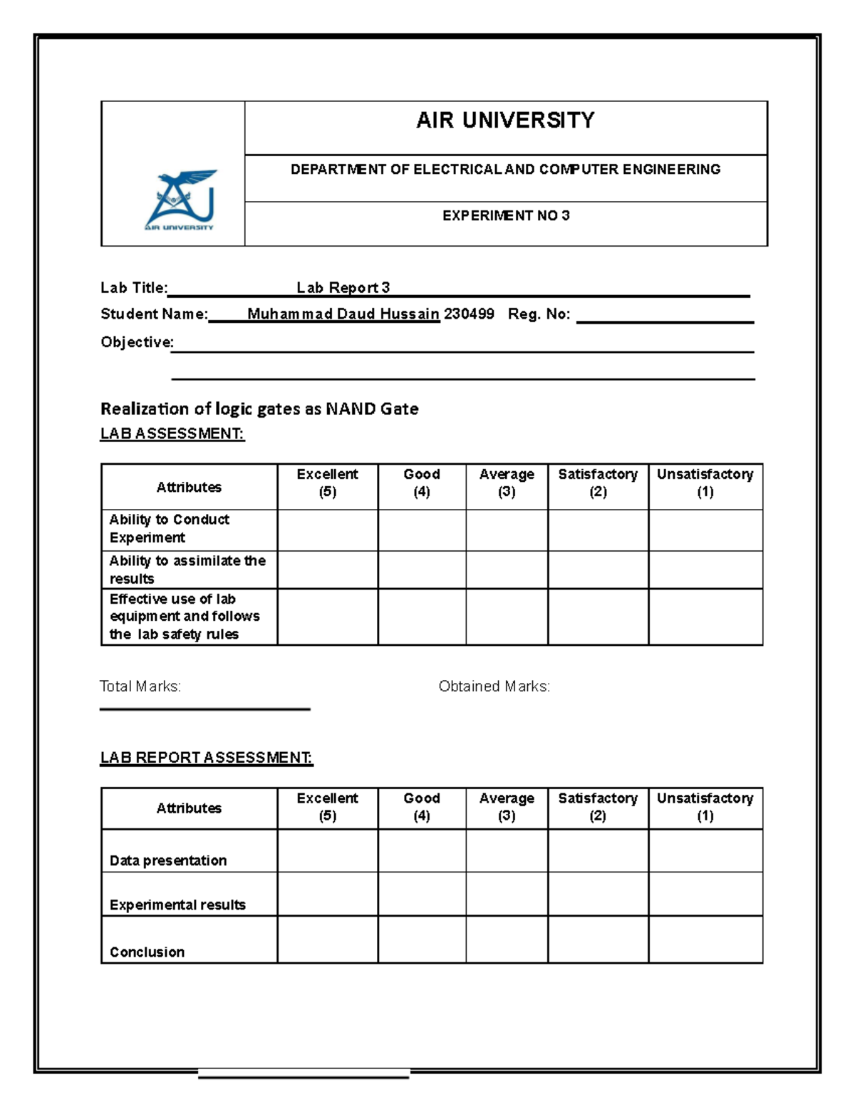Lab rep 3 - AIR UNIVERSITY DEPARTMENT OF ELECTRICAL AND COMPUTER ...
