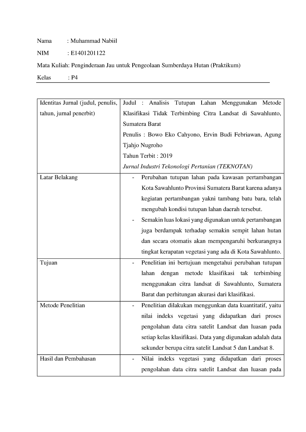 Resume Jurnal - Analisis Tutupan Lahan Menggunakan Metode - Nama ...