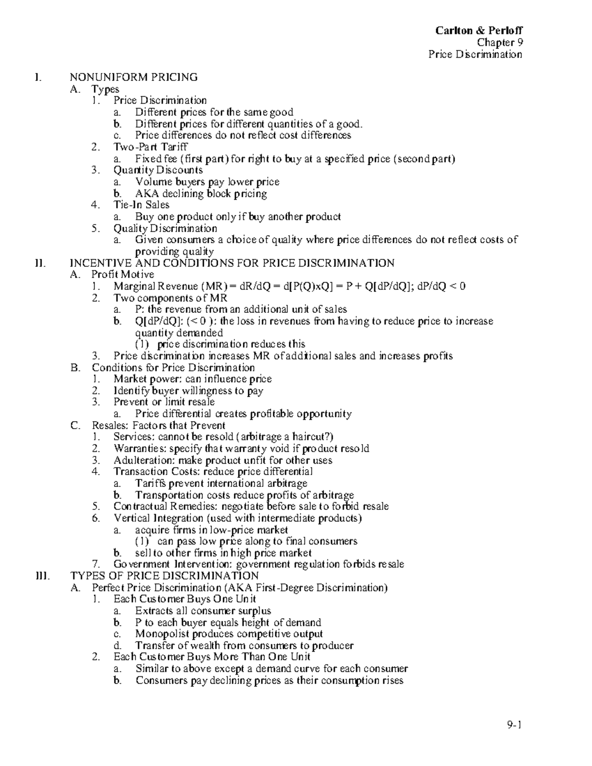 Chapter 09 - Summary Modern Industrial Organization - Carlton Perloff Chapter 9 Price ...