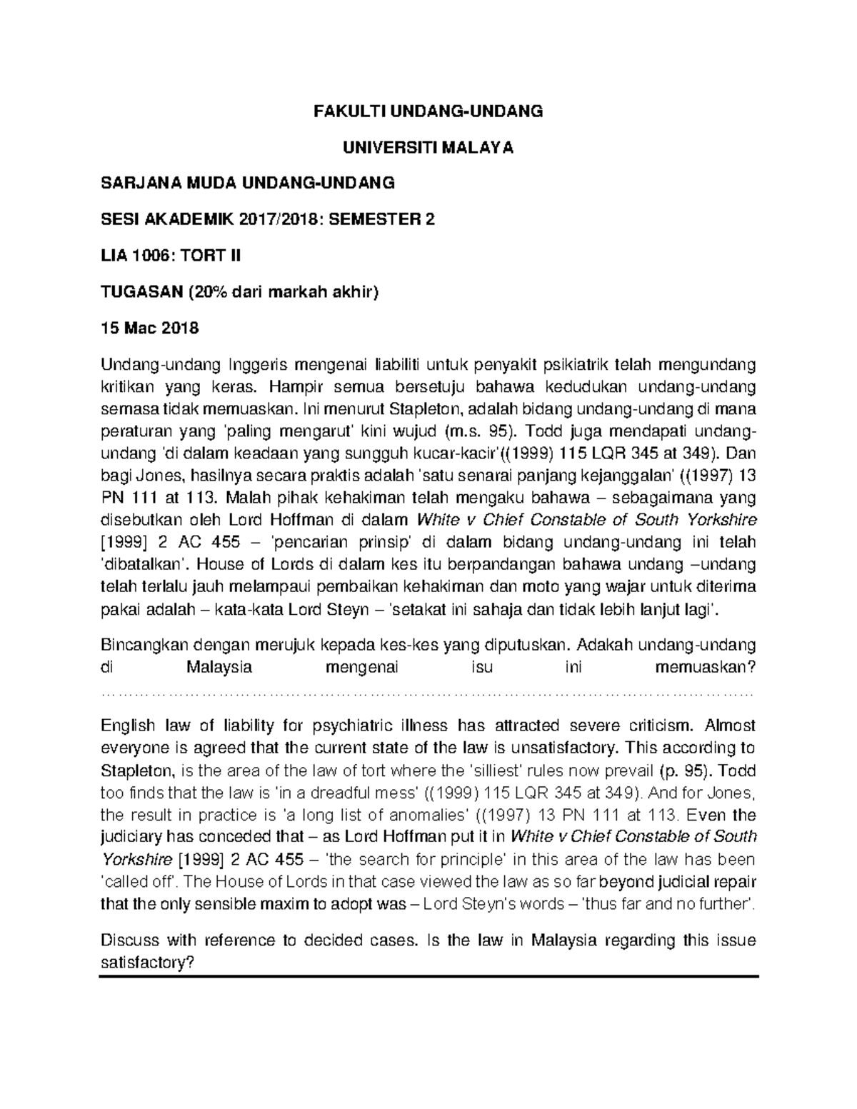 Assignment question 2018 - FAKULTI UNDANG-UNDANG UNIVERSITI MALAYA ...