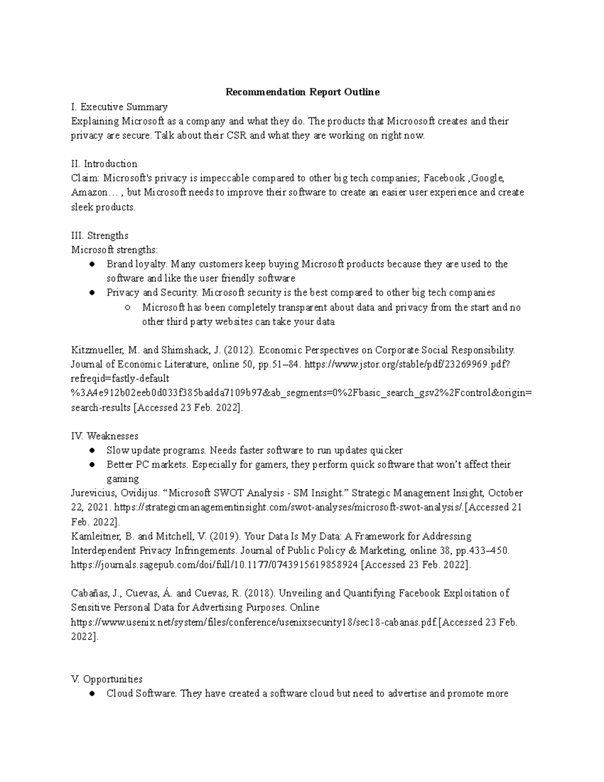 Recommendation report outline - Recommendation Report Outline I ...