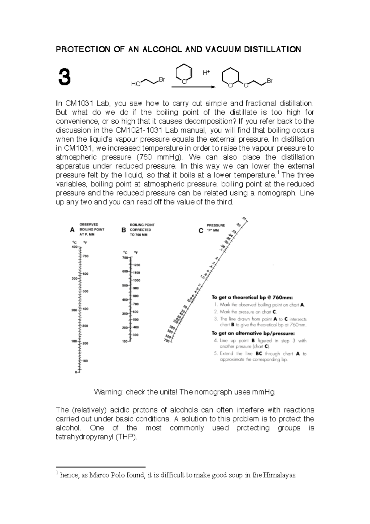 CM2061 Experiment 3 PROTECTION OF AN ALCOHOL AND VACUUM