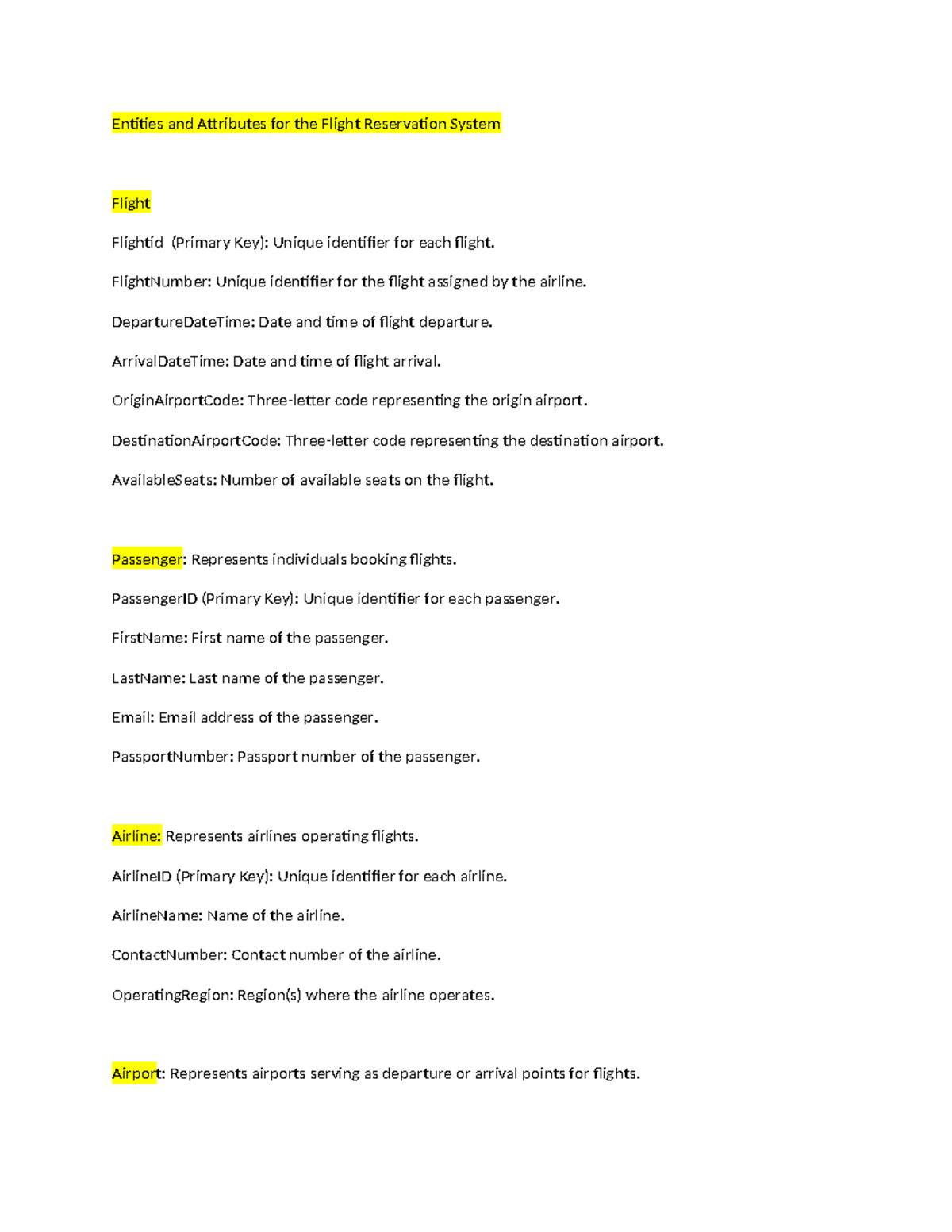 Dbms lab project - Entities and Attributes for the Flight Reservation ...