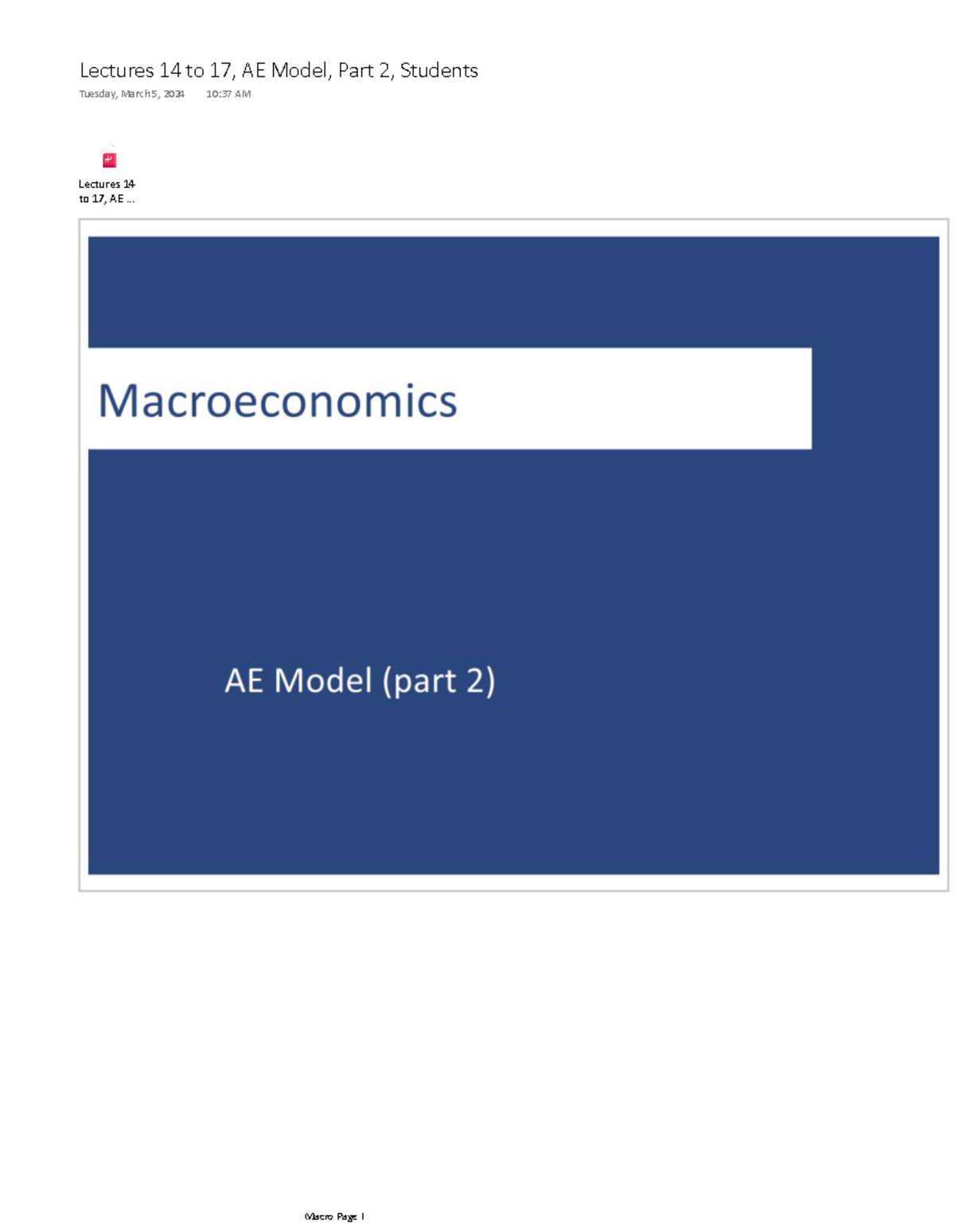 Lectures 14 To 17, AE Model, Part 2, Students PART2 - ECON 1221 ...