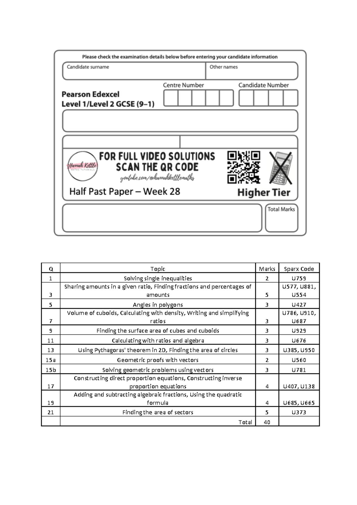 28. 2022Jun1H - Odds - gcse - Q Topic Marks Sparx Code 1 Solving single ...