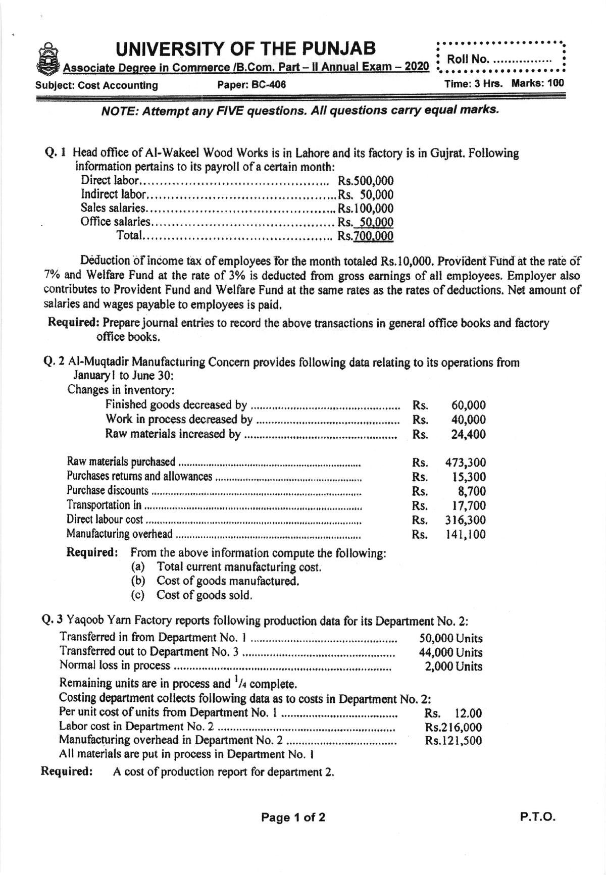 Cost Accounting Adc Bcom Part 2 Past Paper 2020 - Subject: Cost ...