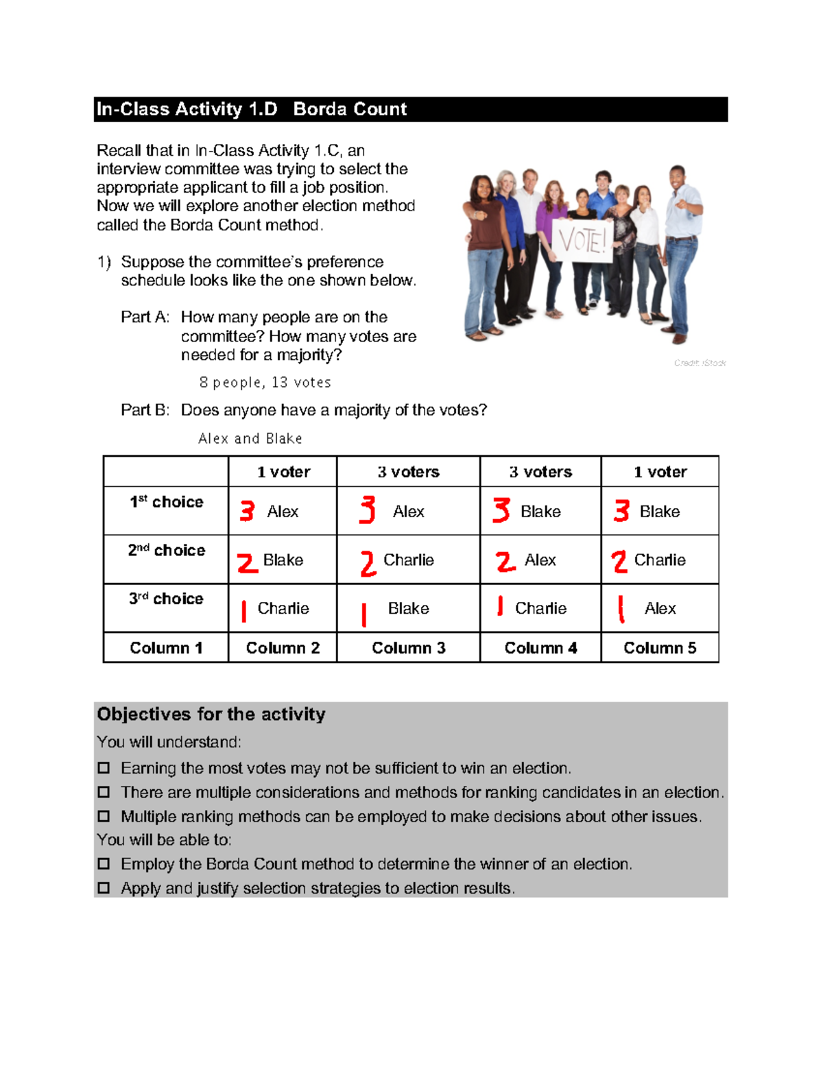 Math 1D More Work On Borda Count Method In Class Activity 1 Borda 