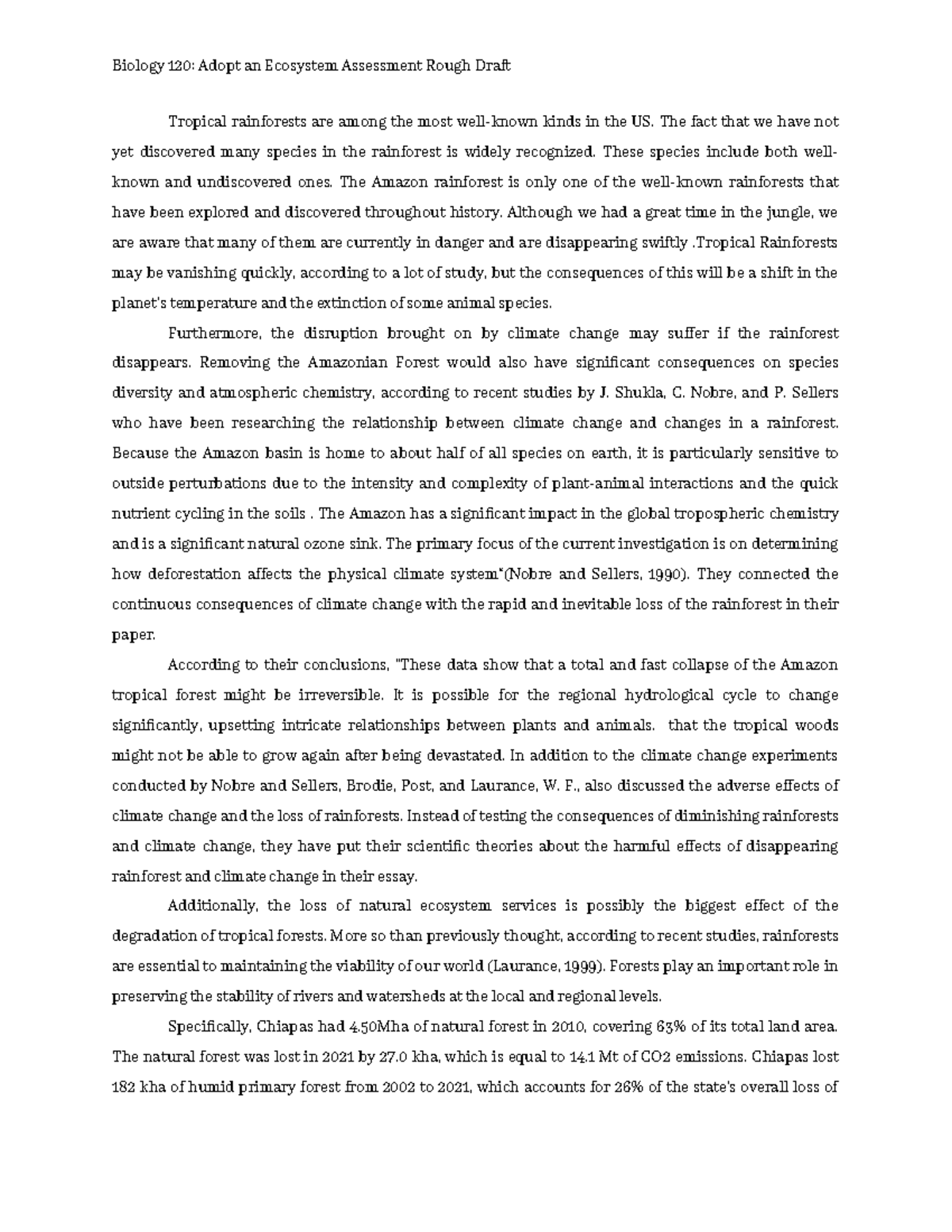 Biology 120 Adopt an Ecosystem Assessment Rough Draft - The fact that ...