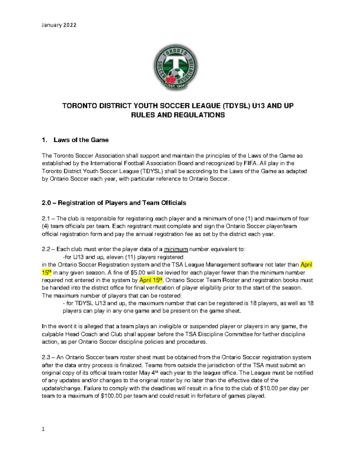 2022 tdysl rules and regulations TORONTO DISTRICT YOUTH SOCCER LEAGUE