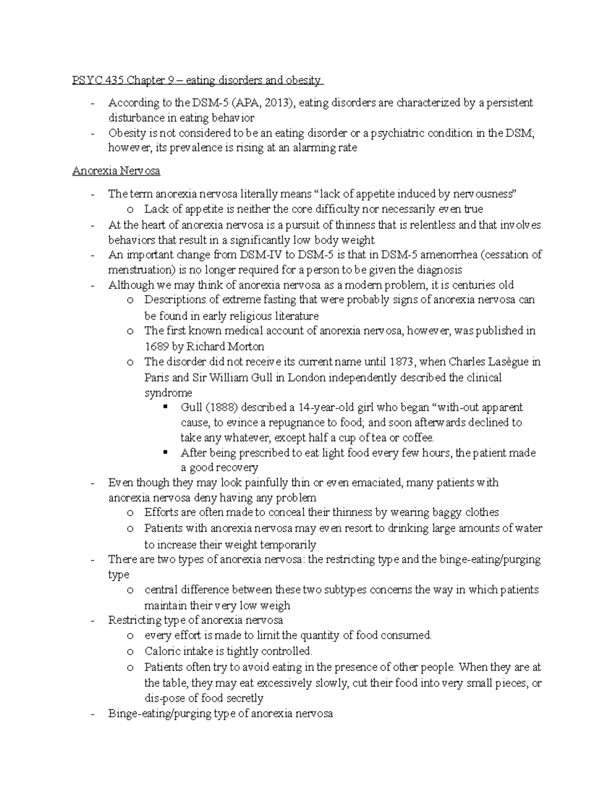 PSYC 435 - Chapter 9 - Notes - PSYC 435 Chapter 9 – eating disorders ...
