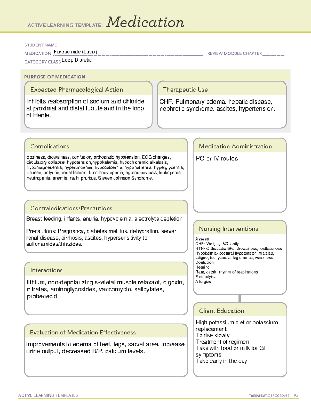 Furosemide - Drug Cards - NSG 24 - Med Surge - StuDocu Intended For Med Cards Template