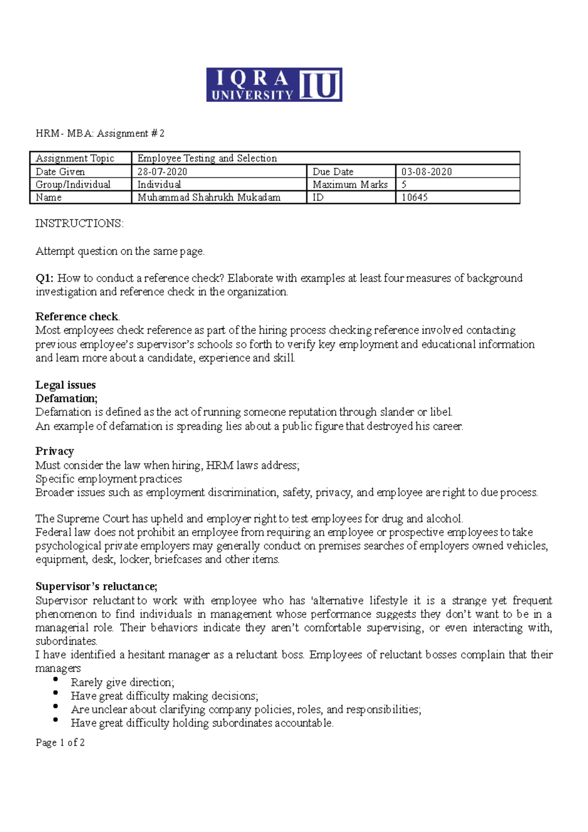 HRM 5 - Summary - HRM- MBA: Assignment # 2 Assignment Topic Employee ...