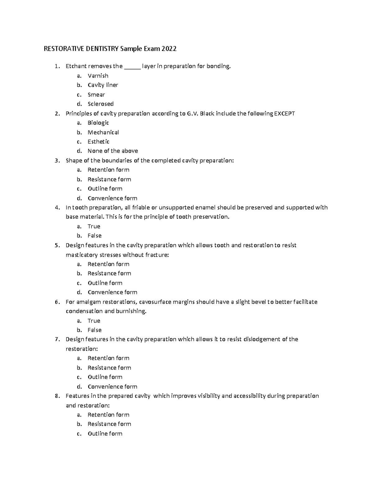 Restorative Dentistry Sample Exam - RESTORATIVE DENTISTRY Sample Exam ...