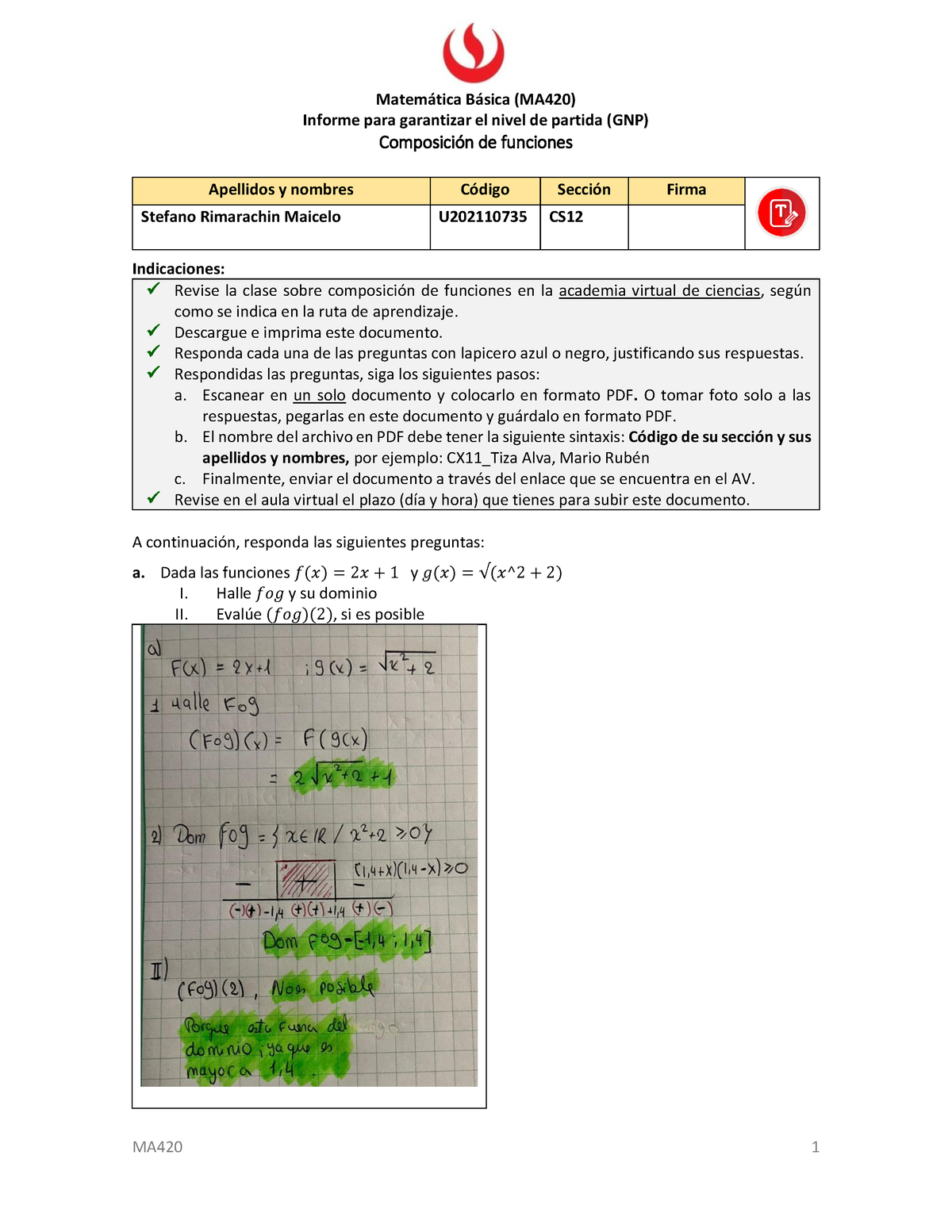 1. Antes Informe GNP 2 Stefano Rimarachina Maicelo - MA420 1 Matemática ...