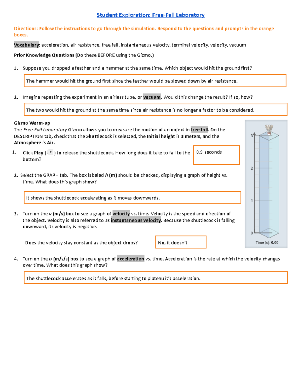 Physics (11) Gizmo Free Fall [Full solutions] Student Exploration