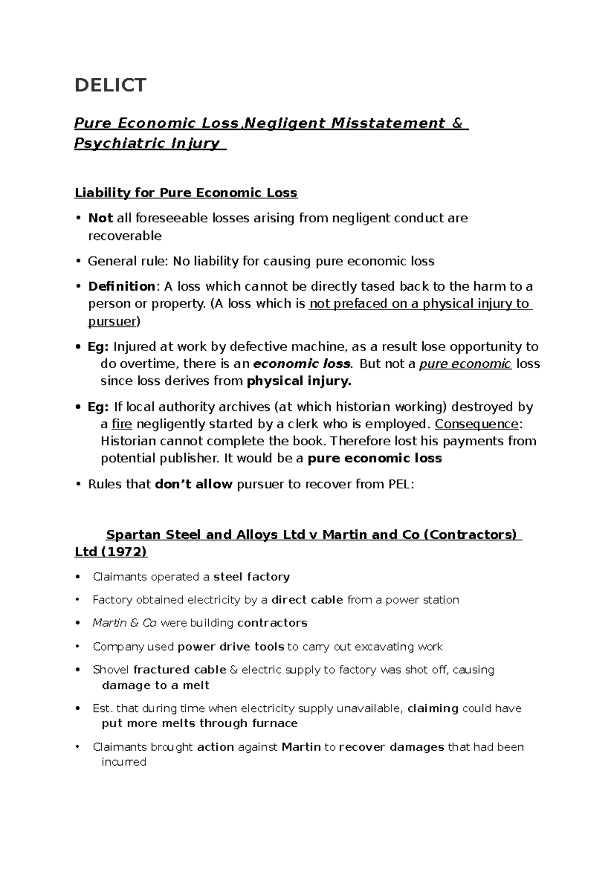 Delict Notes. 3 - DELICT Pure Economic Loss , Negligent Misstatement ...