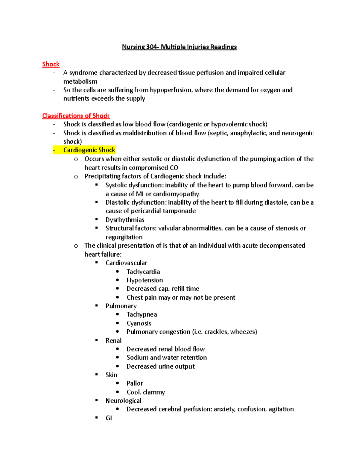 Multiple Injuries Notes - Nursing 304- Multiple Injuries Readings Shock ...
