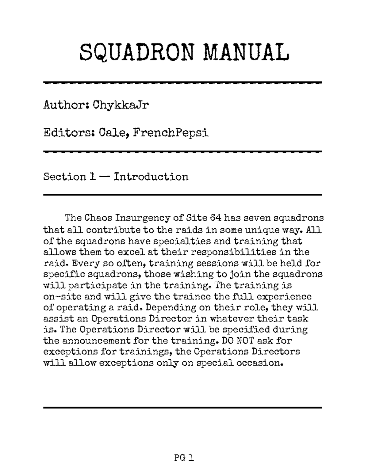 Chaos Insurgency of SSRP Squadron Manual - SQUADRON MANUAL