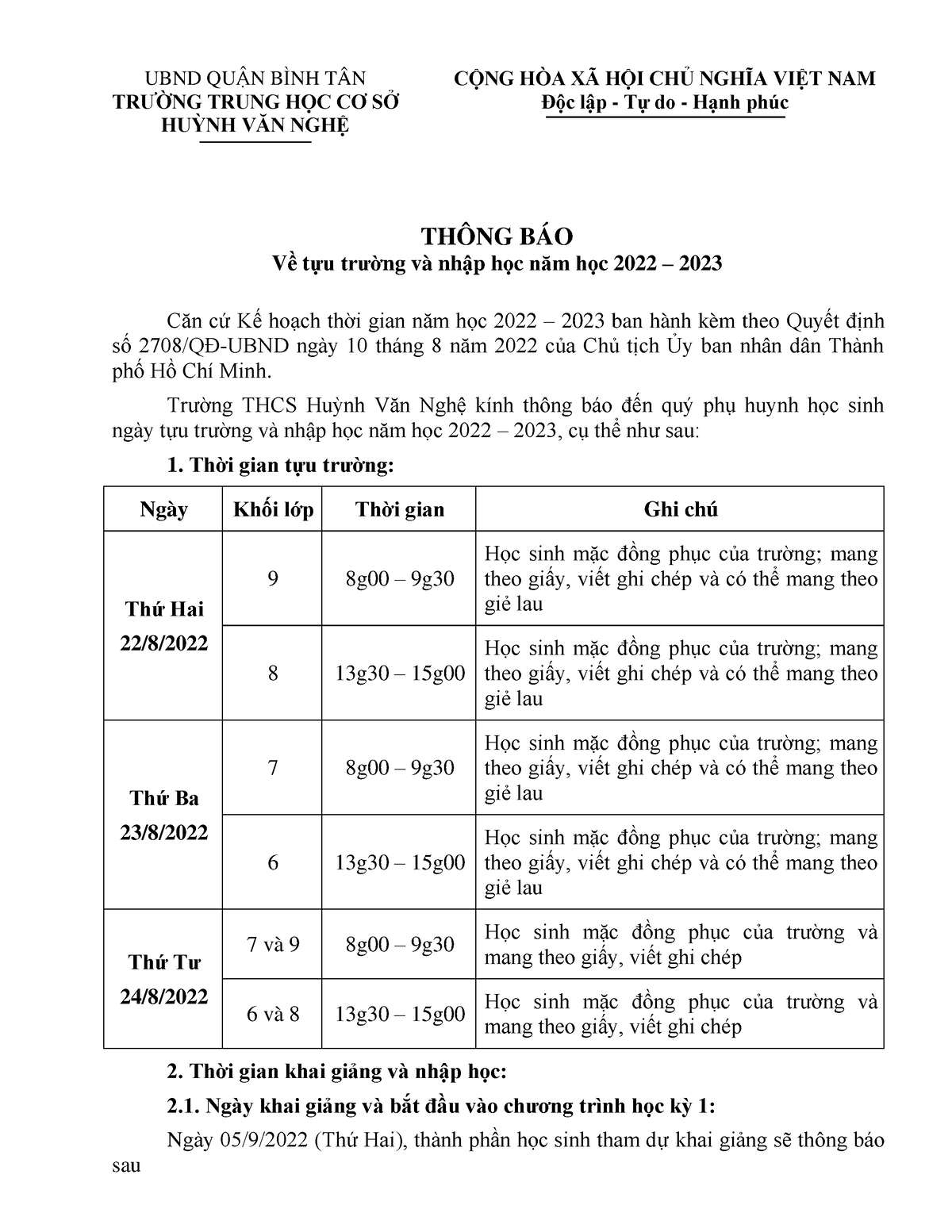 Thong Bao Tuu Truong 2022 2023 Ubnd Qu숃⌀n B䤃nh TÂn TrƯỜng Trung H伃⌀c CƠ SỞ HuỲnh VĂn NghỆ CỘng 2210