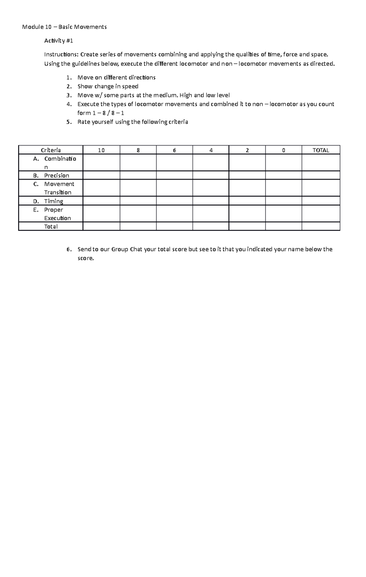 Activity 1 - LEARNING MATERIAL - Module 10 – Basic Movements Activity ...