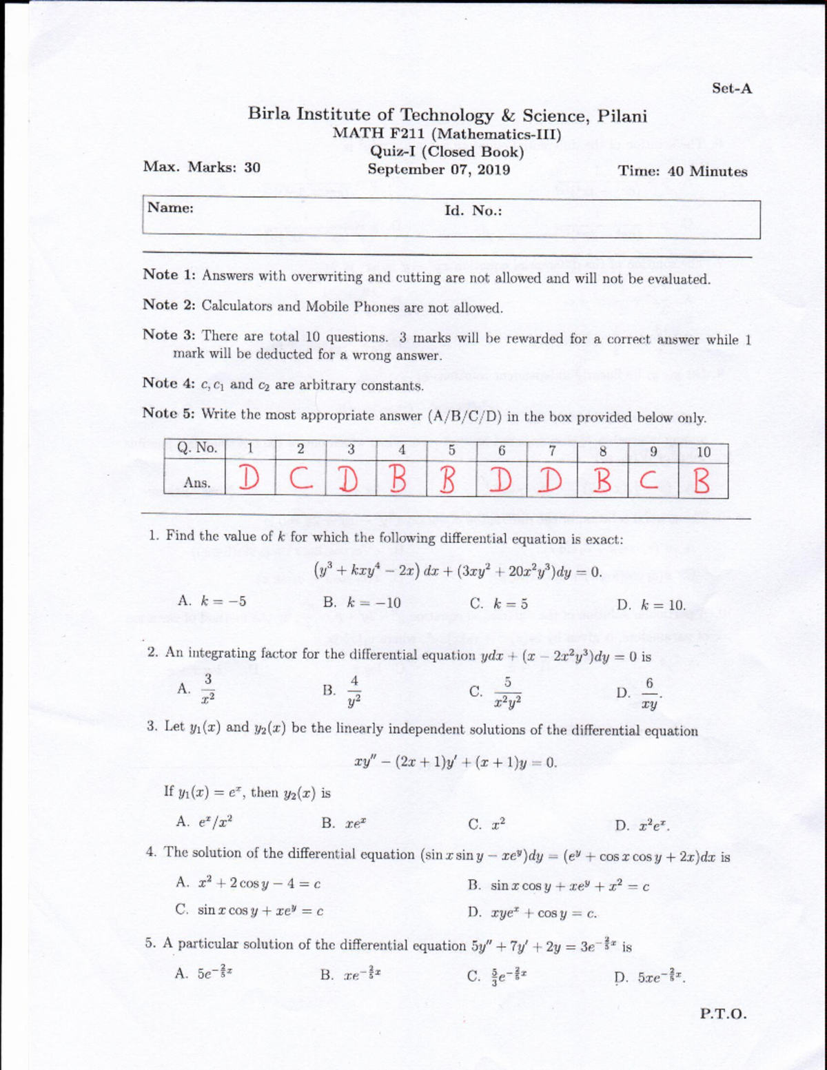 2019-20 Quiz 1 Solutions - Mathematics I - Studocu