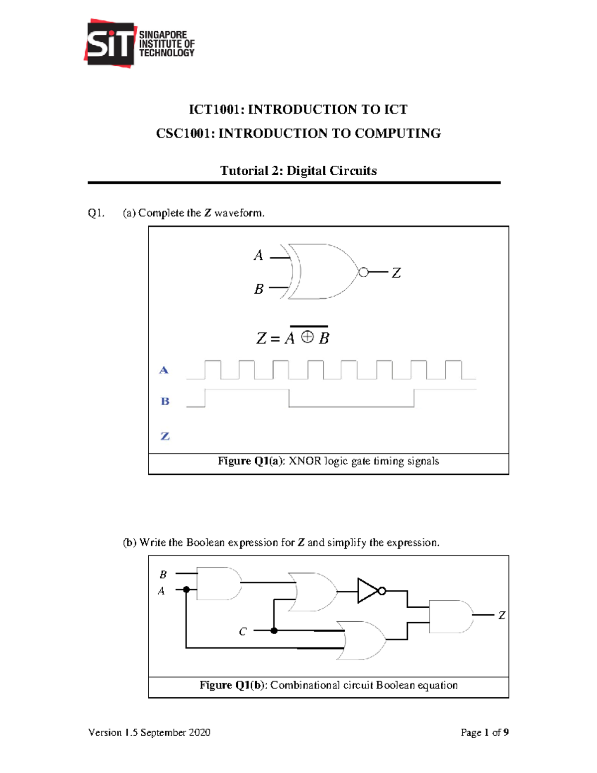 ICT-CSC1001 - Tutorial 2 - Digital Circuits Sep2020 - ICT1001 ...