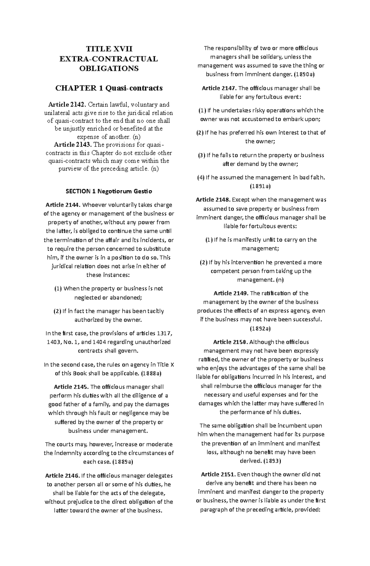Title XVII chapter 1 and 2 - TITLE XVII EXTRA-CONTRACTUAL OBLIGATIONS ...