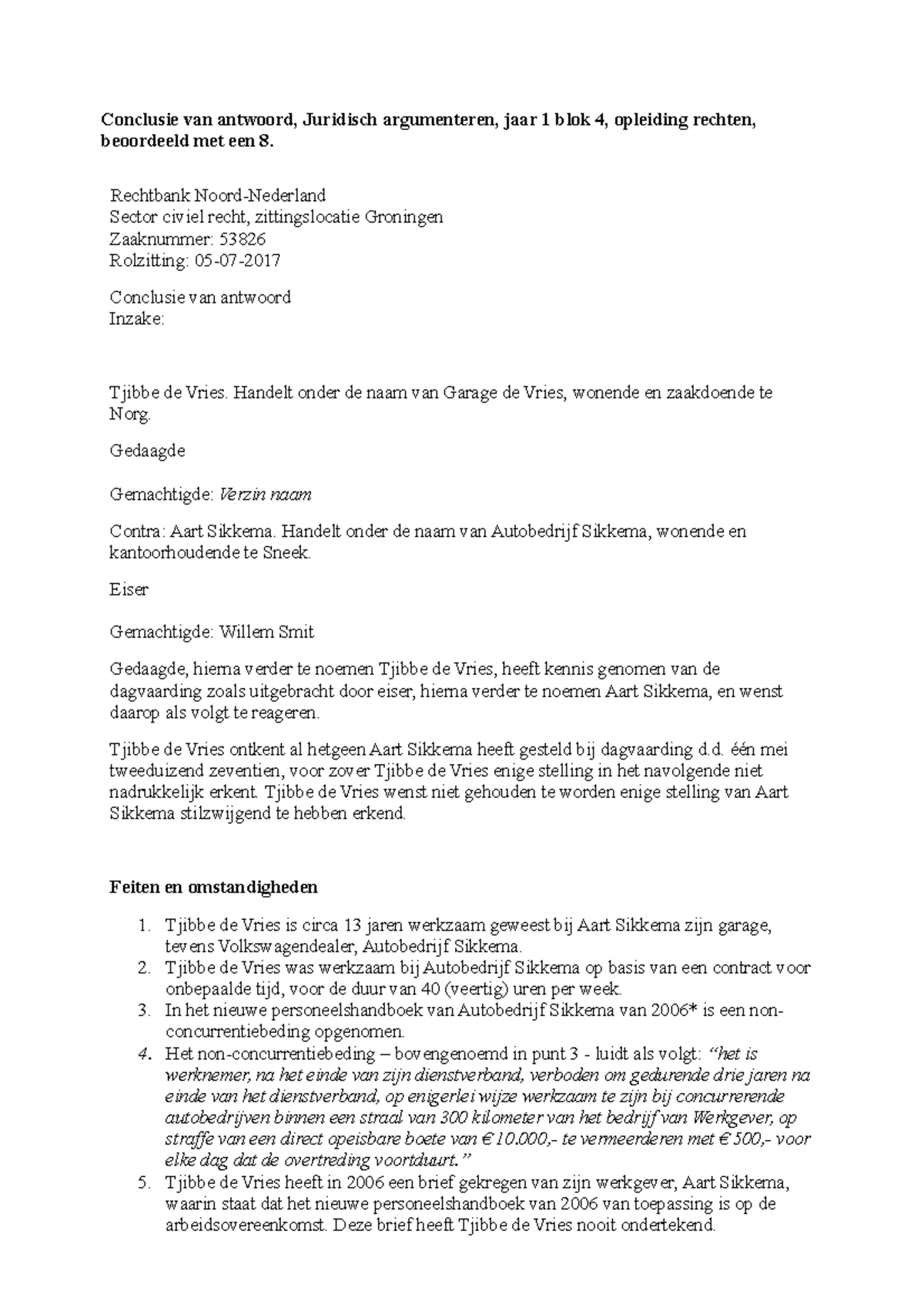 Conclusie van antwoord  Rechtbank NoordNederland Sector civiel recht