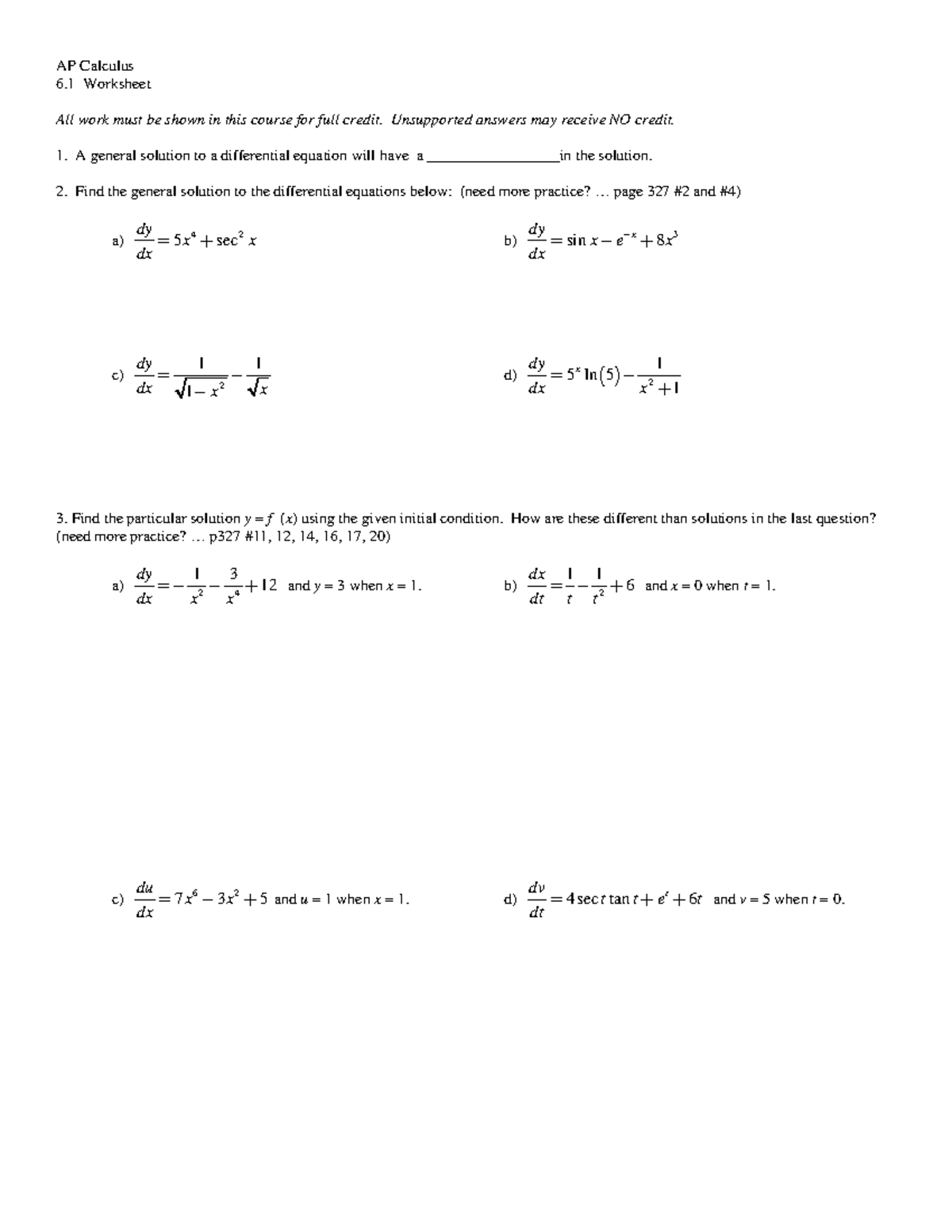 Calc - Chapter 6 Worksheet - AP Calculus 6 Worksheet All work must be ...