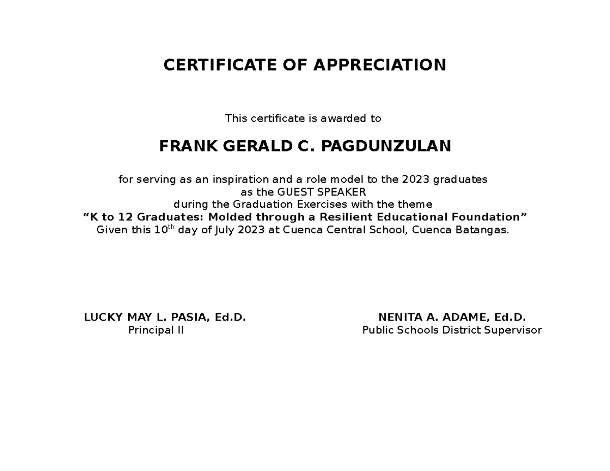 Certificate-OF- Appreciation - CERTIFICATE OF APPRECIATION This ...